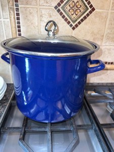 Cobalt Blue Enamel Stock Pot With Glass Lid 2 Handle Soup Kettle