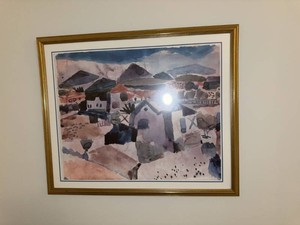 Framed Signed Watercolor Village Landscape Painting 26 x 22