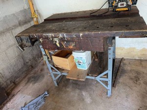 Vintage Carpenter Wood Workbench With Cast Iron Vise Drawer Shelf