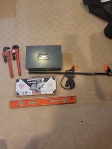Box Lot of Assorted Hand Tools Pipe Wrenches Cash Box Arrow Tacker