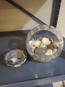 Cut Glass Shell Bowl Decor with Quartz Geode Specimen Lot