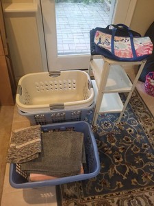 Box Lot of Assorted Laundry Baskets Shelf Tote Bags Bath Mats
