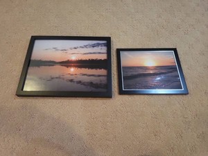 Pair of Framed Sunset Landscape & Ocean Prints Black Frames