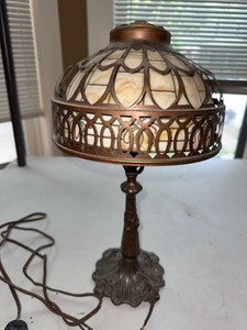 Art Nouveau Slag Glass Style Table Lamp Bronze Finish