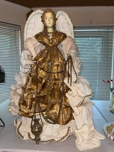 Large Vintage Christmas Angel Tree Topper Figure Gold White 24in