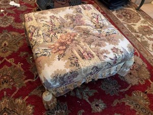 Vintage Tapestry Upholstered Footstool Ottoman w Tassel Fringe