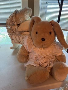 Vintage Plush Bunny with Wicker Doll Cradle Bed & Lace Bedding