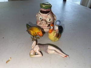 Vintage Mixed Miniature Figurine Lot Tin Chicken Bathing Beauty Vase