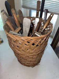 Vintage Kitchen Utensil Tool Lot Wood Handles Wicker Basket