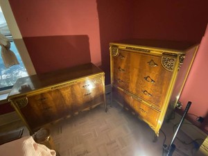 2-Piece Louis XV Style Burlwood Dresser Set Lowboy & Tallboy