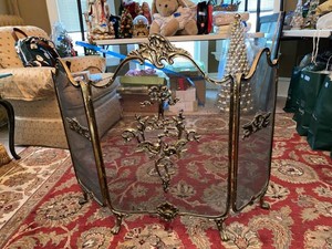 Vintage Ornate 3-Panel Brass Tone Fireplace Screen Rococo Style