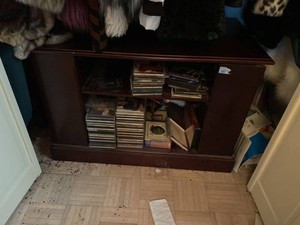 Wood Media Storage Cabinet With Assorted Music CDs Shelf Bookcase