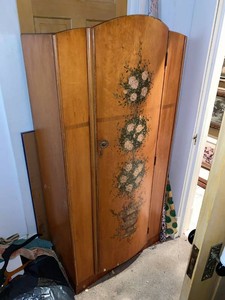 Vintage Floral Painted Wood Wardrobe Armoire Cabinet