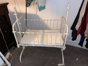 Antique White Painted Iron Baby Crib with Mattress Victorian Style