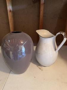 Vintage Purple Art Glass Vase & White Enamelware Pitcher Decor Pair