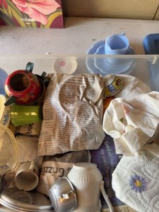 Vintage Miniature Play Kitchenware Box Lot Cups Plates Corningware