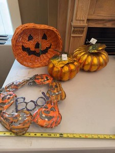 Assorted Halloween Decor Lot Pumpkins Jack O Lantern Basket Boo Sign