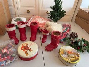 Lot of Vintage Christmas Decor Santa Tin Red Boots Tree Pillow