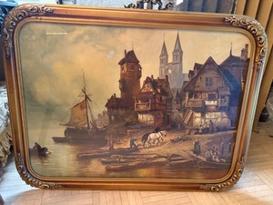 Vintage Framed European Harbor Village Wall Art Gold Ornate Frame