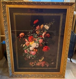 Large Framed Floral Still Life Print in Ornate Gold Tone Frame