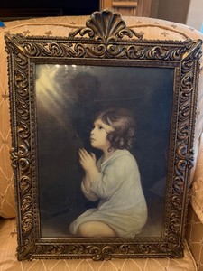 Vintage Ornate Gold-Tone Framed Praying Child Print Wall Art