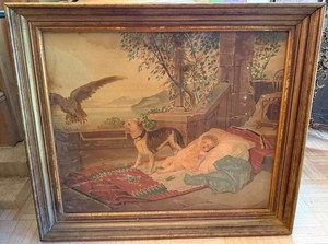 Antique Victorian Chromolithograph Child Dog Eagle Framed Wall Art