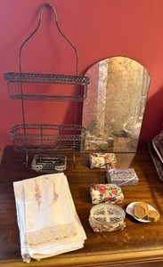 Vintage Bath Vanity Decor Lot Wall Rack Mirror Linens Soaps Dish