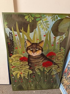 Vintage Framed Cat Garden Art Print Folk Art Style Wall Decor