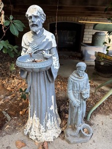Pair of Religious Garden Statues St. Francis Birdbath & Monk Figure