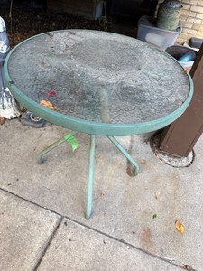 Round Glass Top Patio Side Table Green Metal Outdoor Bistro Table