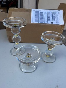 Set of 3 Clear Glass Candle Holders Faceted Stem Gold Tone Accents