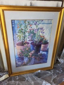 Large Framed Floral Garden Print Signed Lower Right Gold Tone Frame