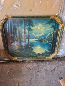 Vintage Framed Mountain Lake Moonlight Print Octagonal Gold Green Frame