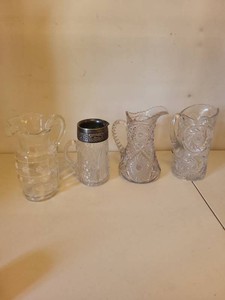 Vintage Assorted Clear Glass Pitchers Creamers Etched Cut Glass Lot