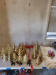 Box Lot of Vintage Christmas Decor Gold Trees Ornaments Linens