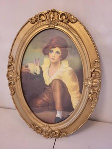 Vintage Oval Framed Portrait Print of Girl With Rabbit Gold Frame