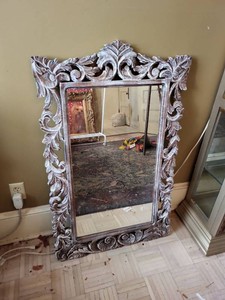Hand Carved Mango Wood Wall Mirror Distressed Whitewash Foliate Frame