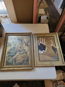 Pair of Framed Wall Art Prints Religious Icon & Crane Scene