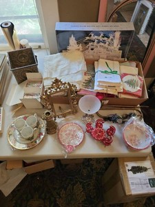 Box Lot of Christmas Decor Linens Dishware Tabletop Decorations