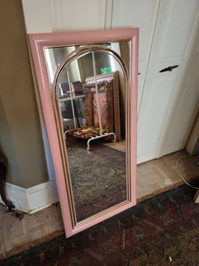 New Century Pink Framed Wall Mirror Brass Trim Arched Accent 1985