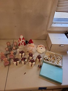 Vintage Christmas Ornament & Decor Lot Santa Chairs Gift Boxes Presents