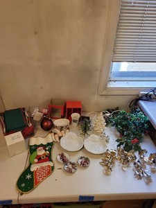 Lot of Assorted Vintage Christmas Decor Santa Plates Ornaments Linens