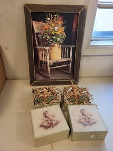 Department 56 Cat Horse Ornaments w Boxes & Framed Floral Print