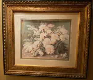 Framed Raoul de Longpre Peonies and Lilacs Print in Gold Frame Measuring 36 x 32.5