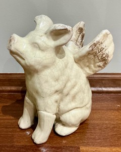 Off white ceramic pig figurine with distressed crackle finish