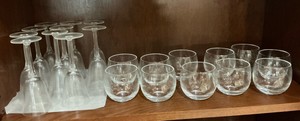 Entire shelf of etched glassware Champagne Brandy glasses