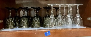 Group of olive green pressed glass wine goblets, wine glasses