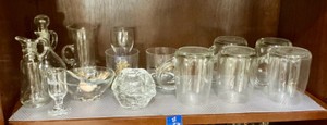 Group of misc oil and vinegar cruets, and glass coffee mugs