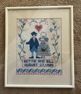 Framed needle point sampler Bettie and Bill August 27, 1985