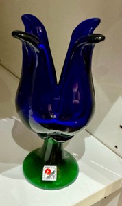 Cobalt blue and green tulip vase Hand made Svoboda Karlov, Czech Republic